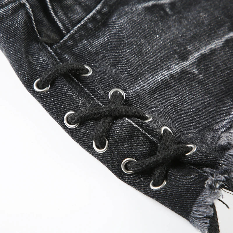 Rivet Lace-Up Denim Shorts — Punk Y2K