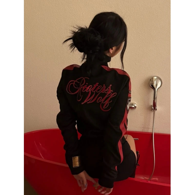 Y2K Stripe Patchwork Slim Hoodie Jacket — American Streetwear