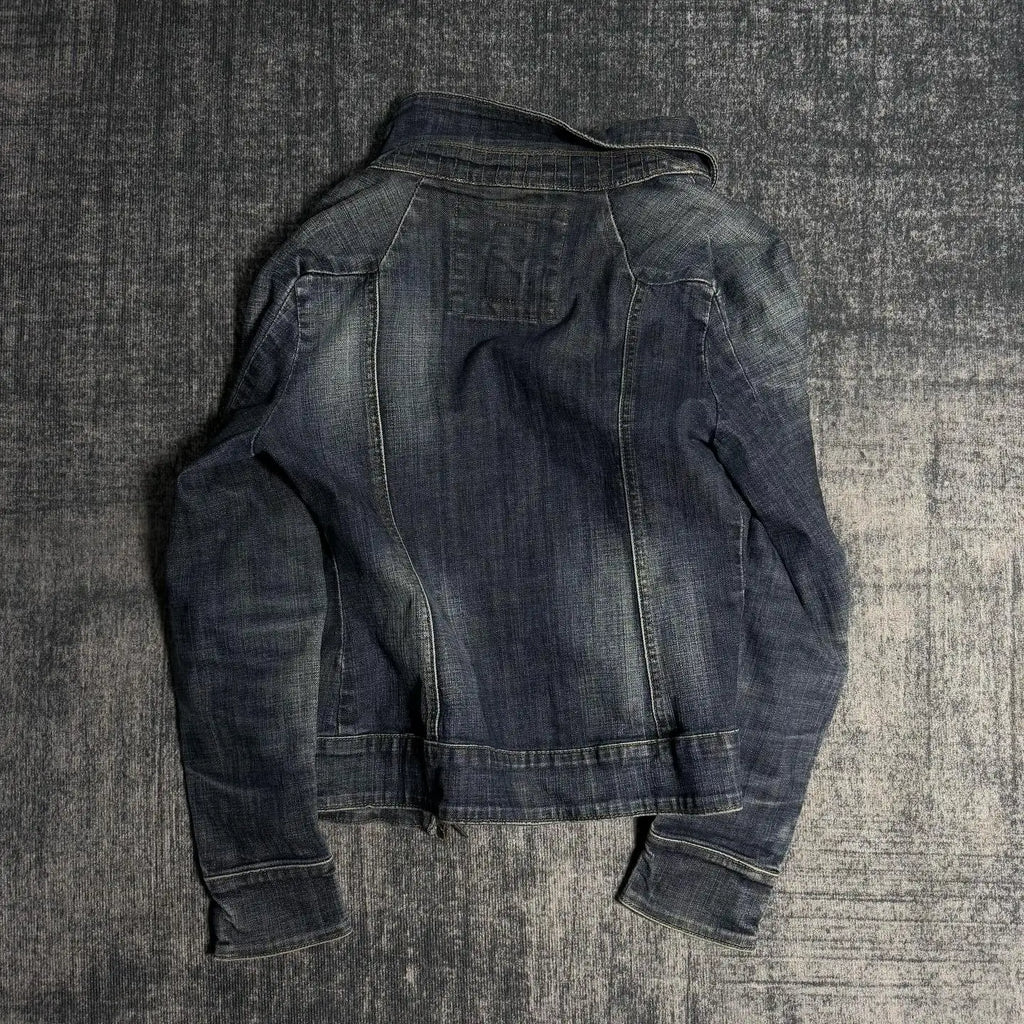 Y2K Retro Slim Denim Jacket — Gothic Punk Multi-Collar Zipper