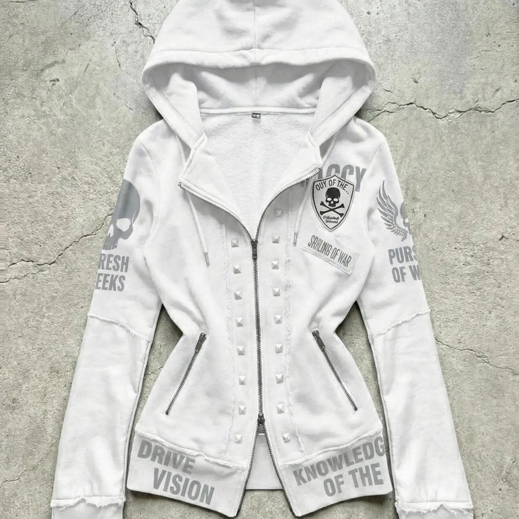 Gothic Skull Print Cropped Jacket — Y2K Streetwear