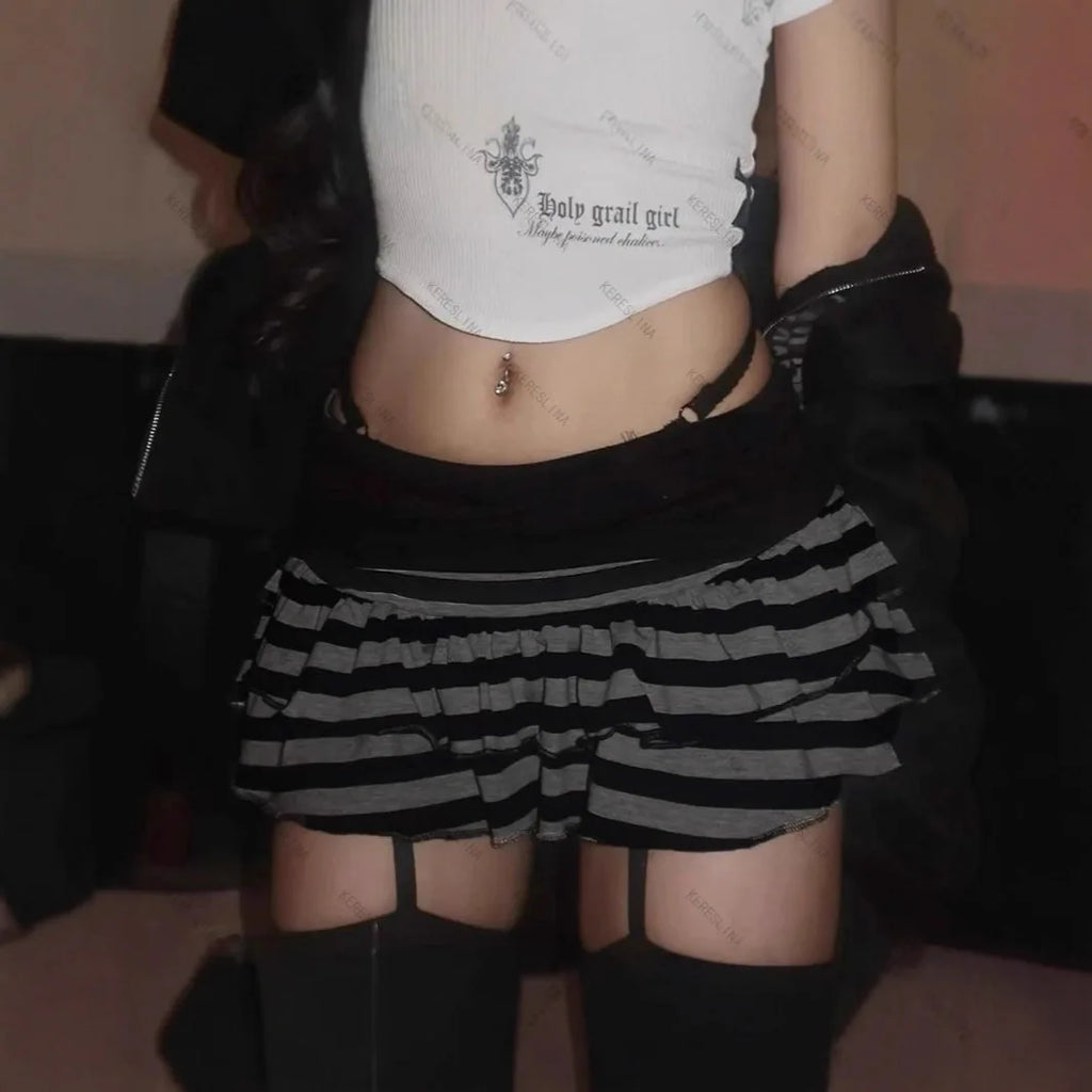 Striped Color Block Mini Skirt — Y2K A-Line