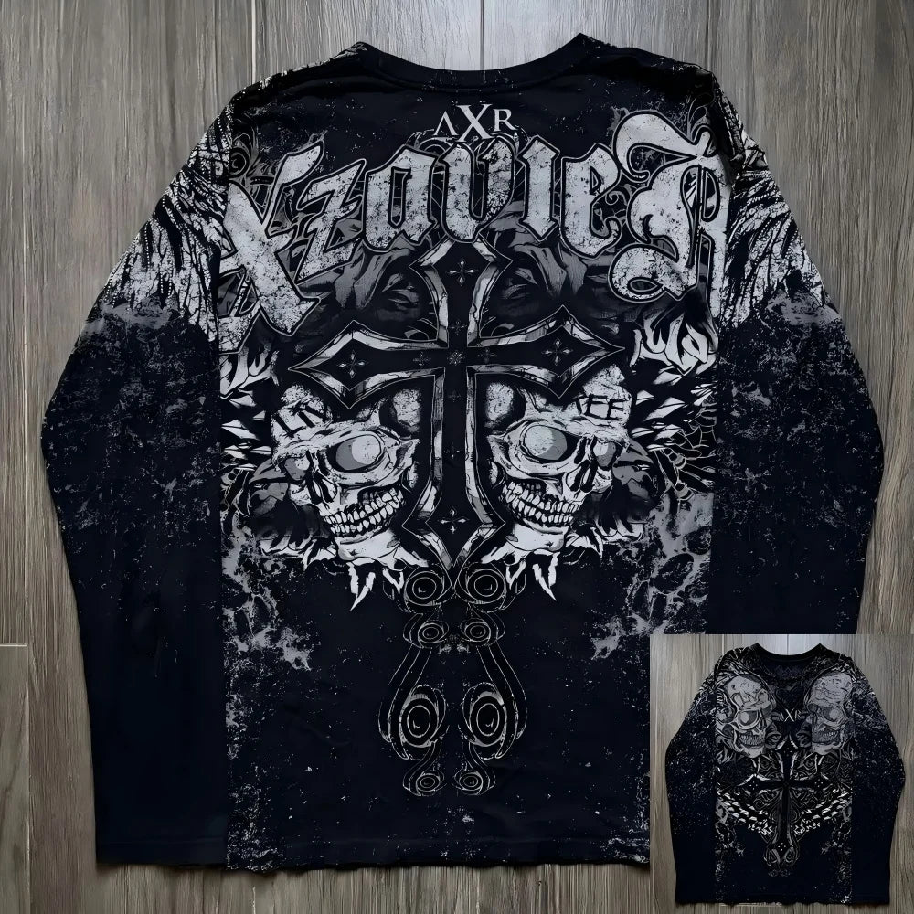 Gothic Skull Letter Tee — European Streetwear Long Sleeve