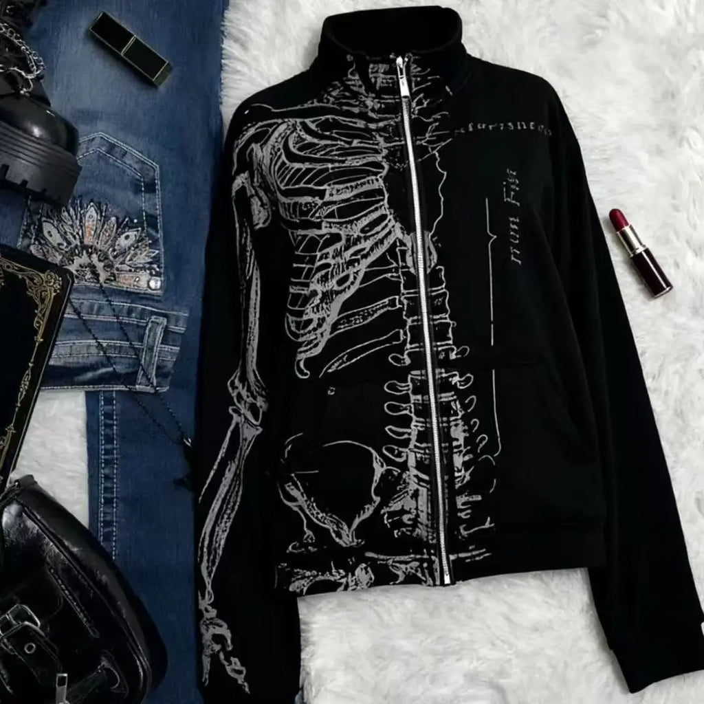 Skeleton Print Open Cardigan Hoodie — Y2K Streetwear