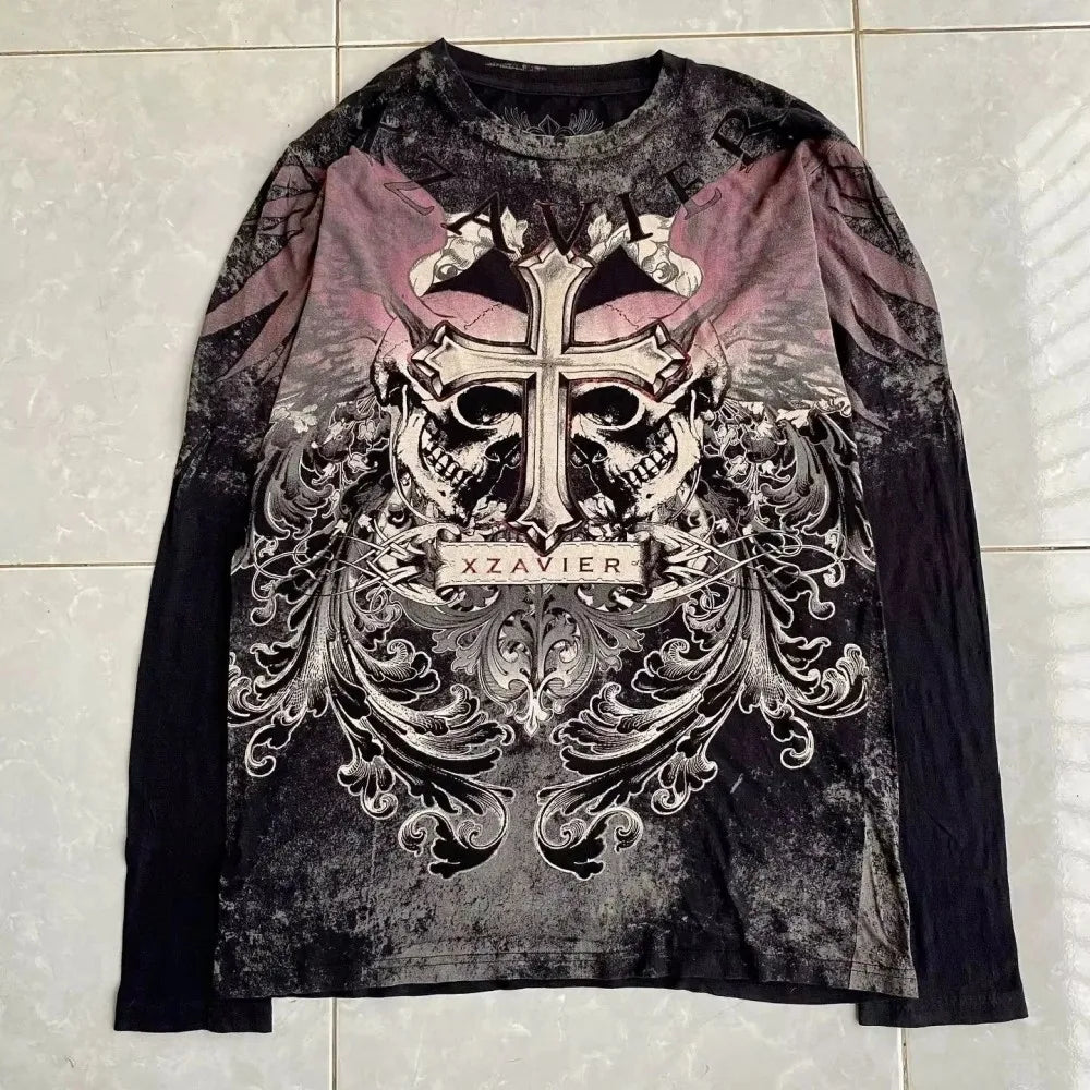 Gothic Skull Letter Tee — European Streetwear Long Sleeve