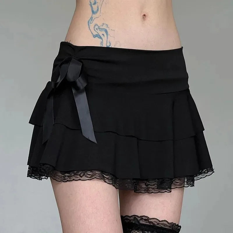 Lace Trim Bow Mini Skirt — Y2K Goth