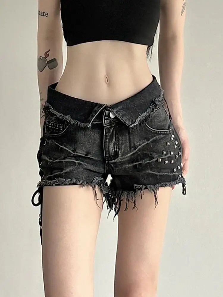 Rivet Lace-Up Denim Shorts — Punk Y2K