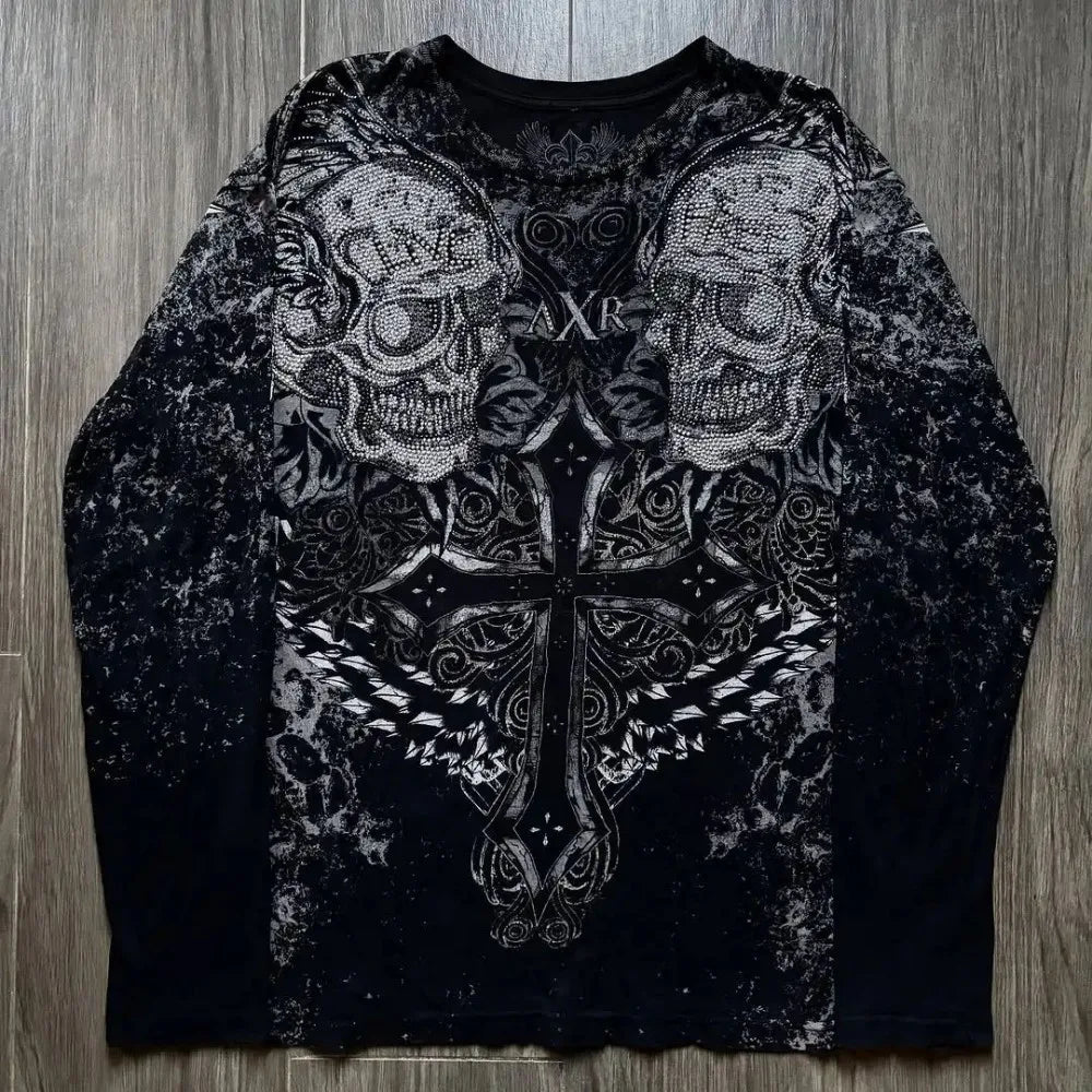 Gothic Skull Letter Tee — European Streetwear Long Sleeve