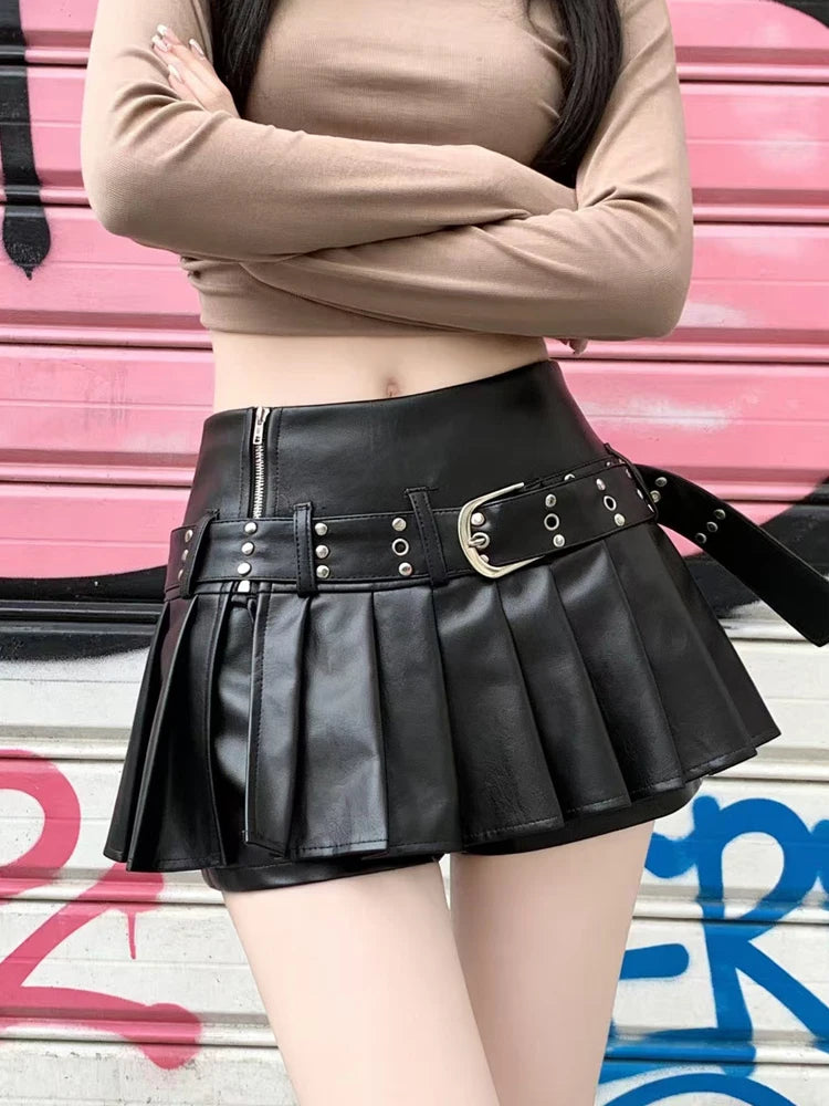Gothic A-Line Pleated Leather Mini Skirt — Y2K Harajuku