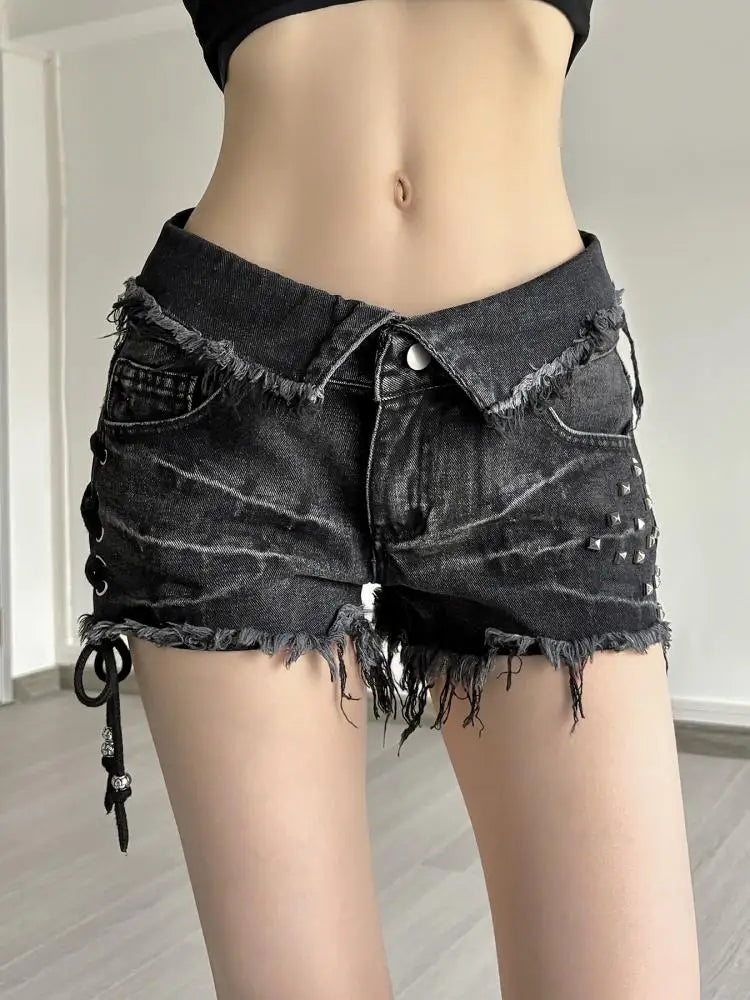 Rivet Lace-Up Denim Shorts — Punk Y2K