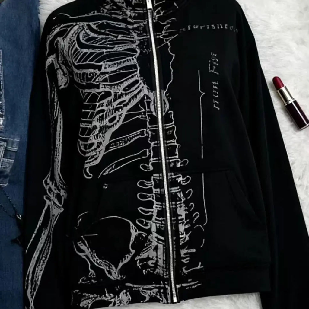 Skeleton Print Open Cardigan Hoodie — Y2K Streetwear