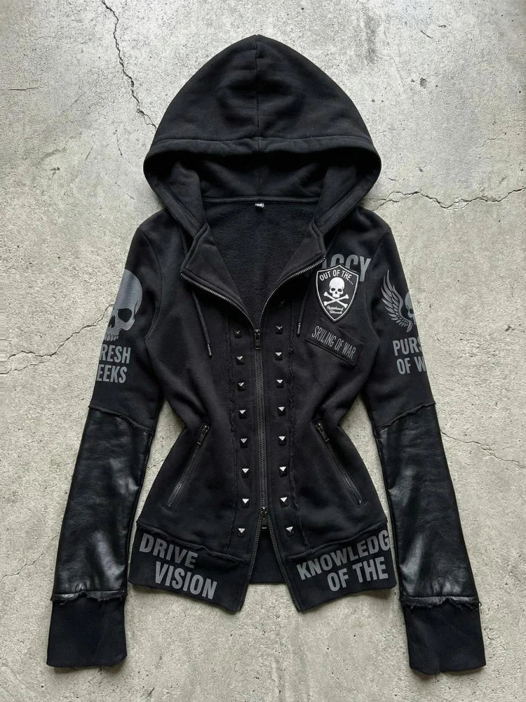 Gothic Skull Print Cropped Jacket — Y2K Streetwear