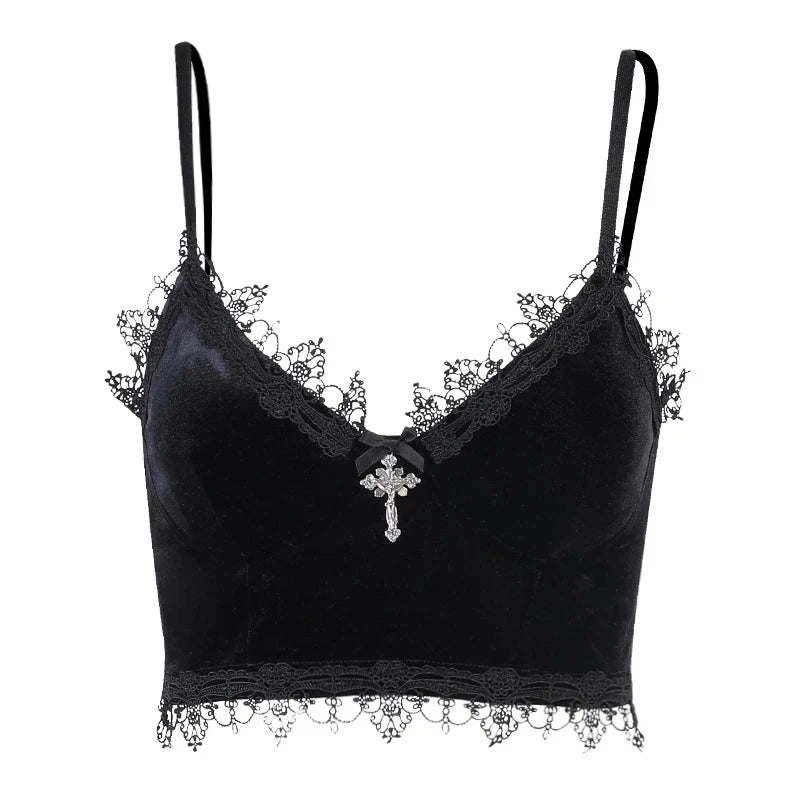 Y2K Velvet Lace Crop Top — Mall Goth Backless Tank