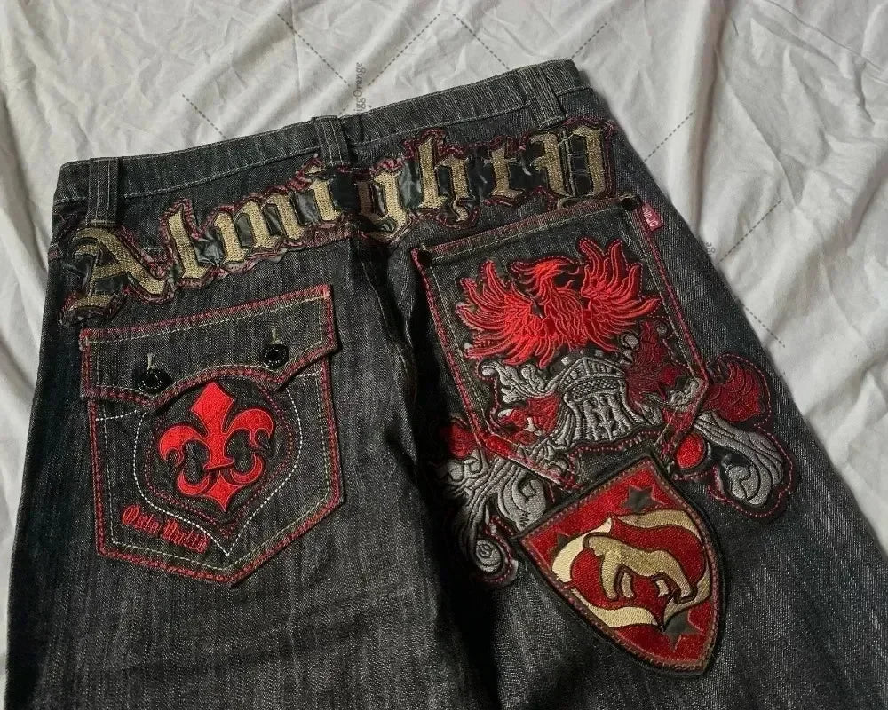 Y2K Patchwork Letter Embroidered Wide-Leg Jeans — Gothic Streetwear