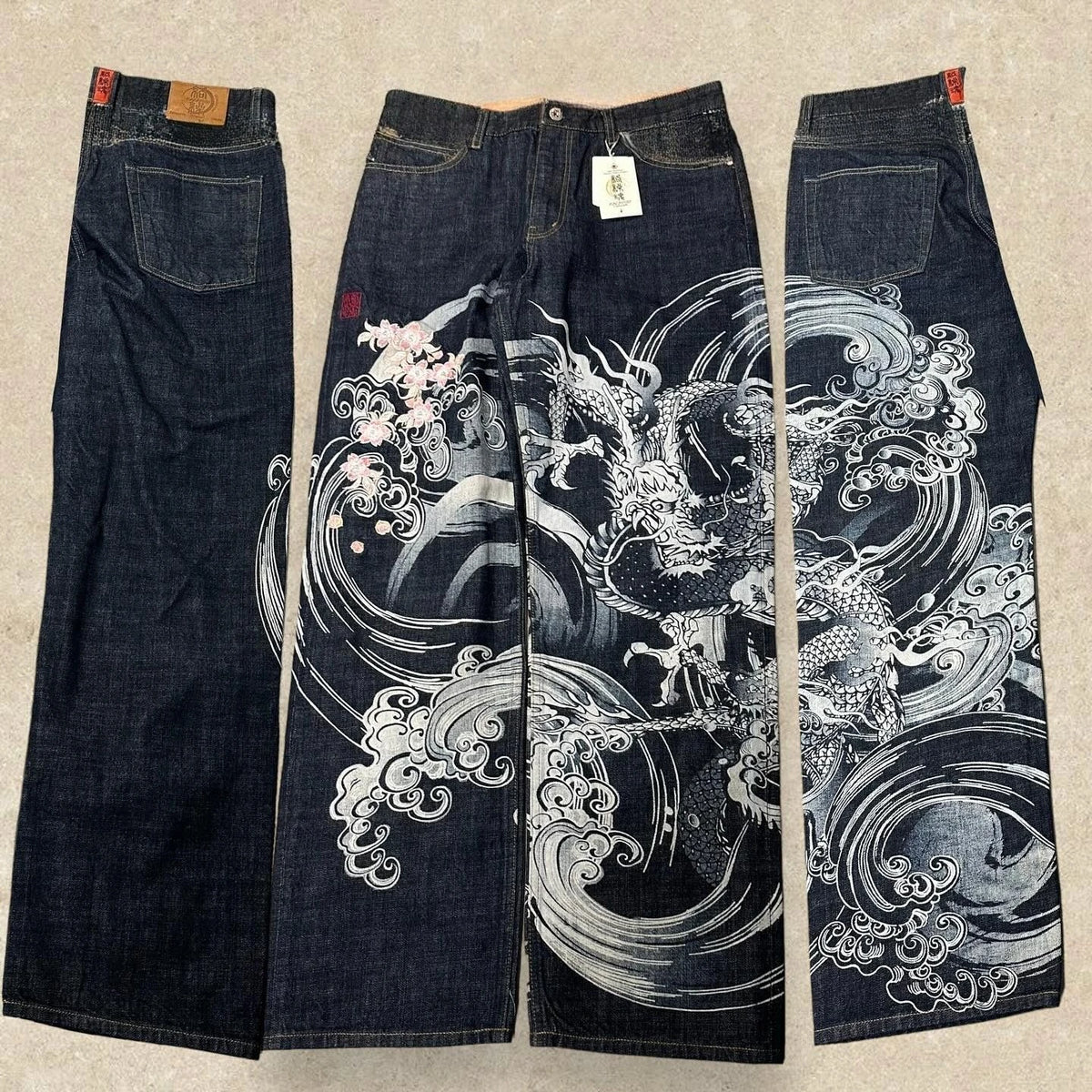 Dragon Embroidery Wide Leg Jeans — Harajuku Gothic Y2K Denim