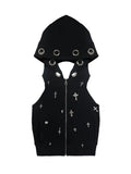 Gothic Dark Hooded Crop Vest — Y2K E-Girl Cyberpunk Cross Tank