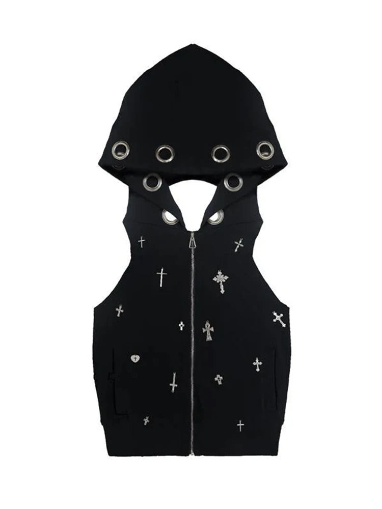 Gothic Dark Hooded Crop Vest — Y2K E-Girl Cyberpunk Cross Tank