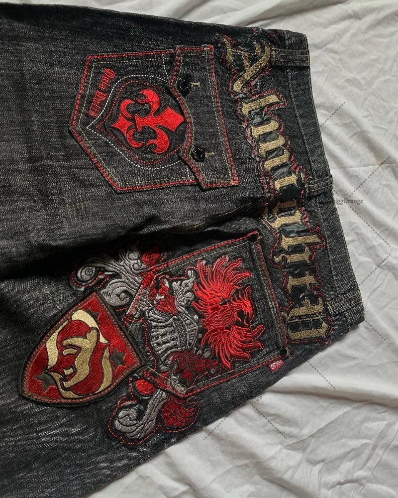 Y2K Patchwork Letter Embroidered Wide-Leg Jeans — Gothic Streetwear