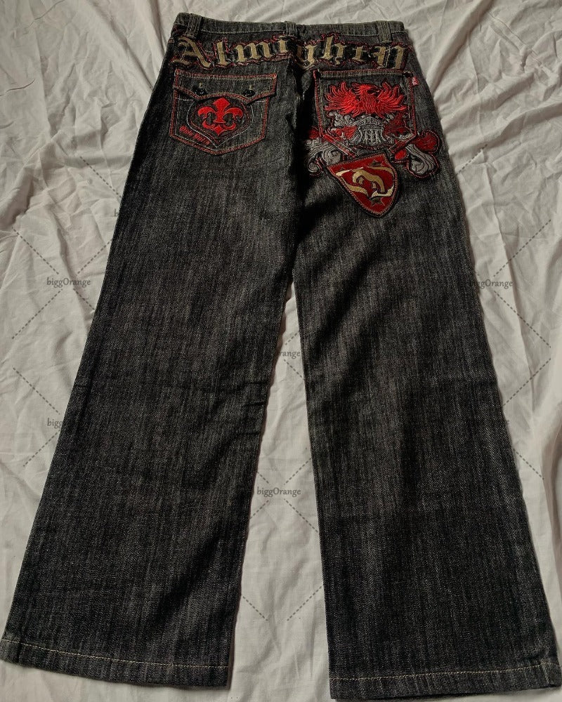 Y2K Patchwork Letter Embroidered Wide-Leg Jeans — Gothic Streetwear