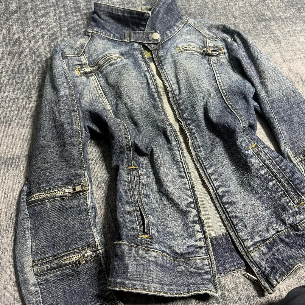 Y2K Retro Slim Denim Jacket — Gothic Punk Multi-Collar Zipper