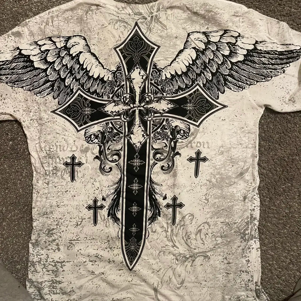 Harvester Skull Wings Cross Tee — Gothic Vintage Streetwear
