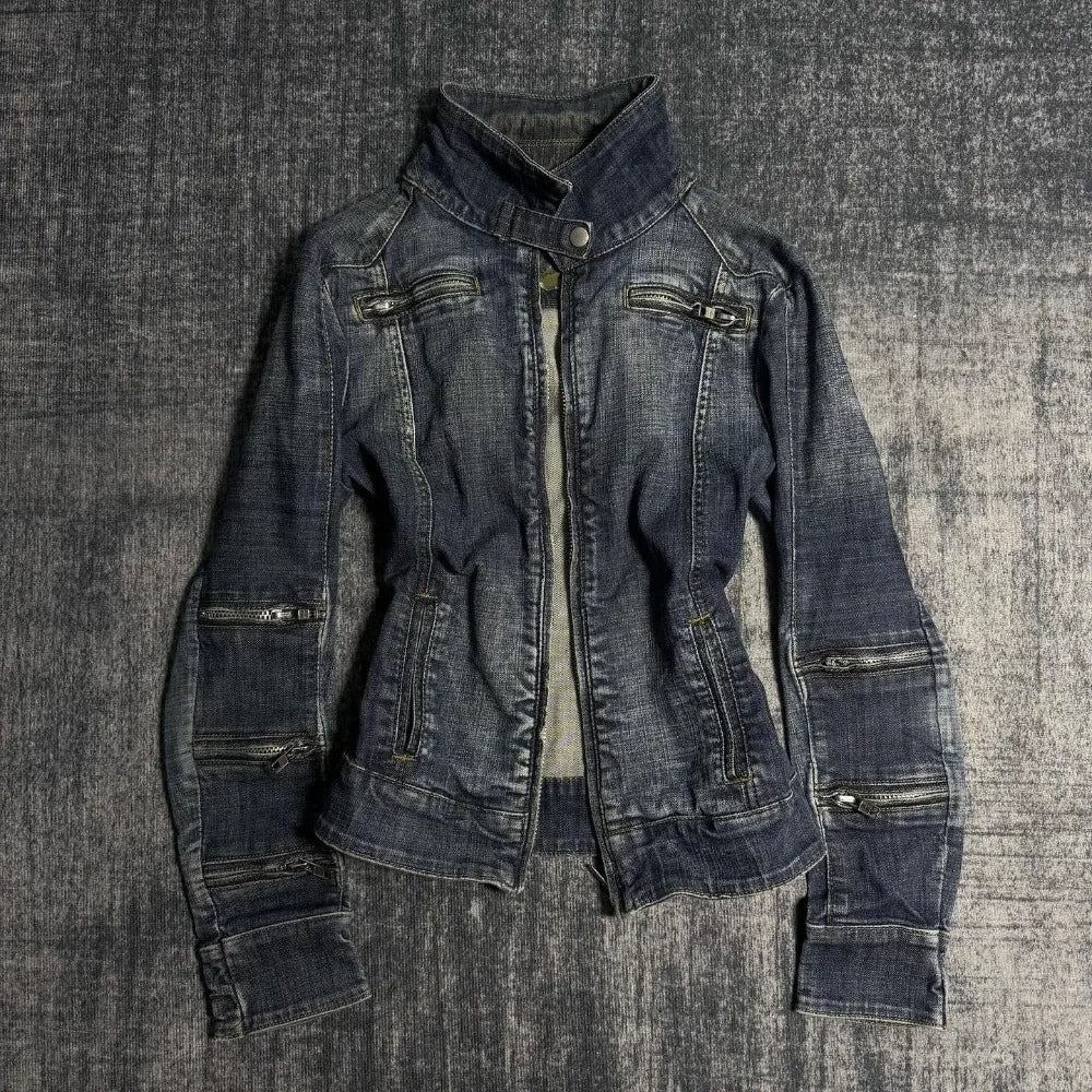Y2K Retro Slim Denim Jacket — Gothic Punk Multi-Collar Zipper