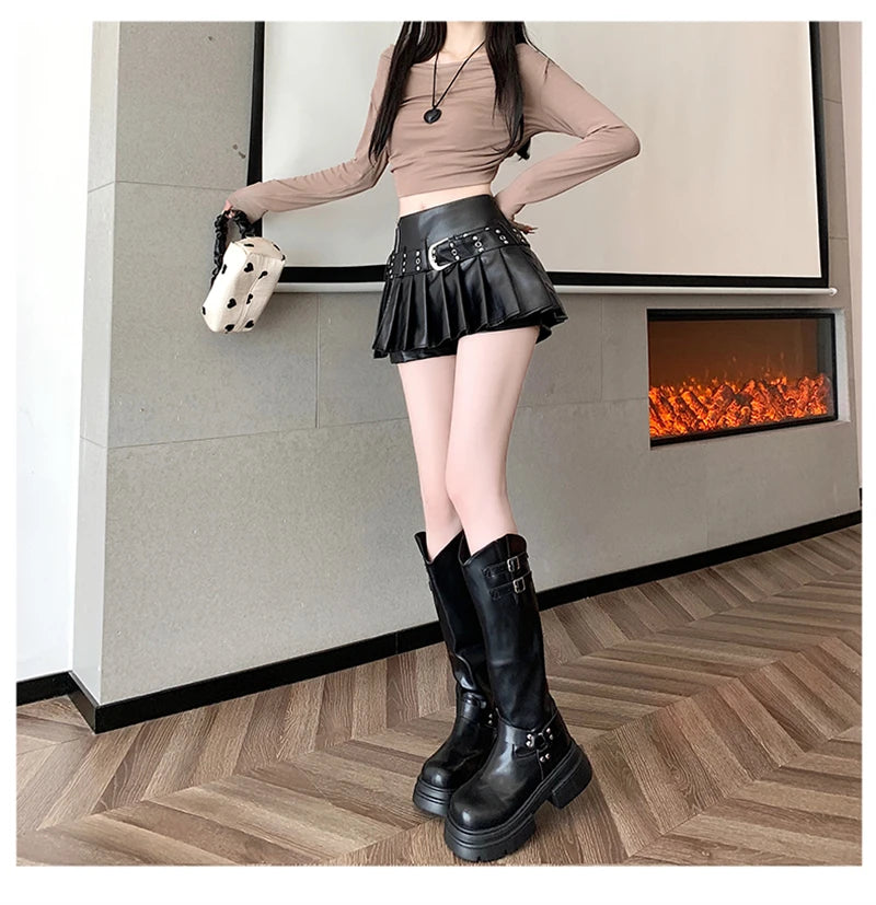 Gothic A-Line Pleated Leather Mini Skirt — Y2K Harajuku