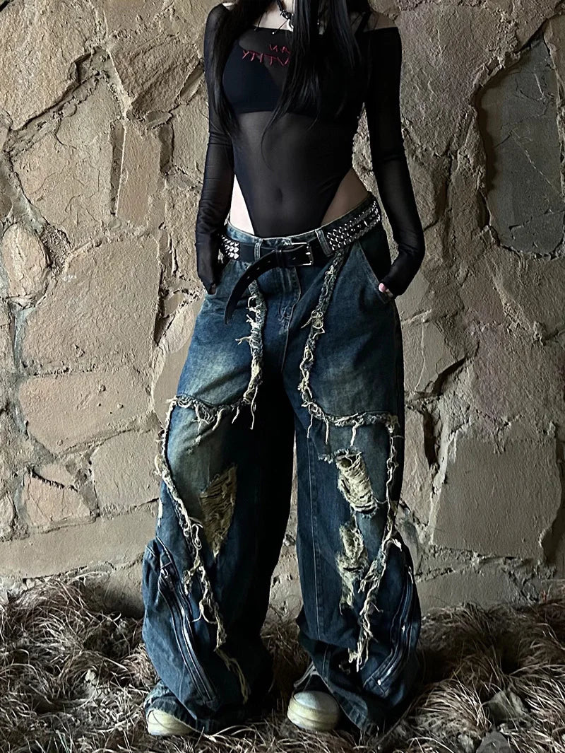 Gothic Cargo Wide Leg Jeans — Y2K Dark Blue