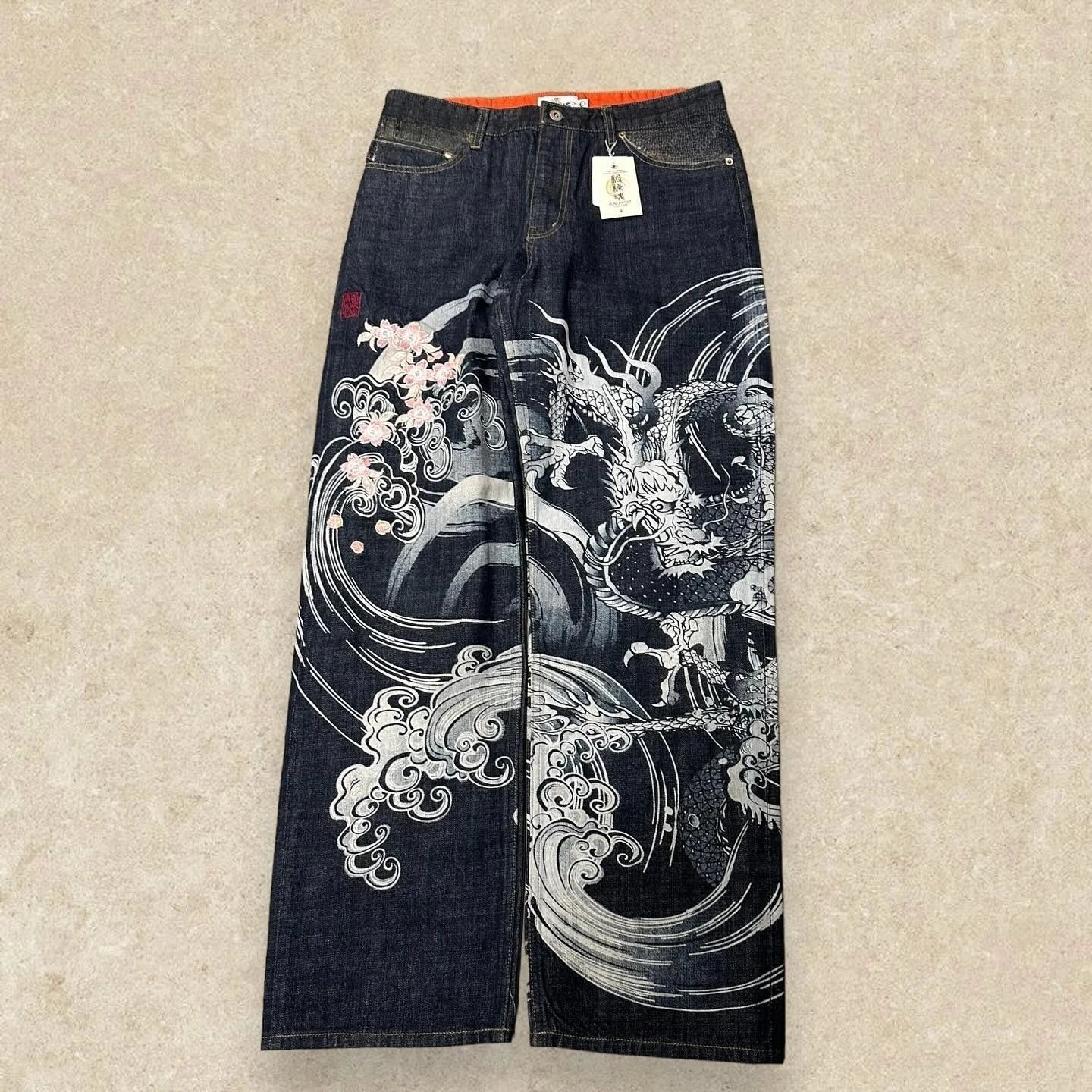 Dragon Embroidery Wide Leg Jeans — Harajuku Gothic Y2K Denim