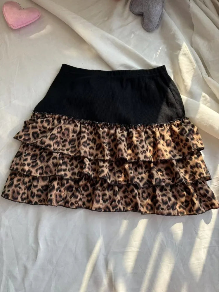 Leopard Print Puffy Mini Skirt — Y2K A-Line