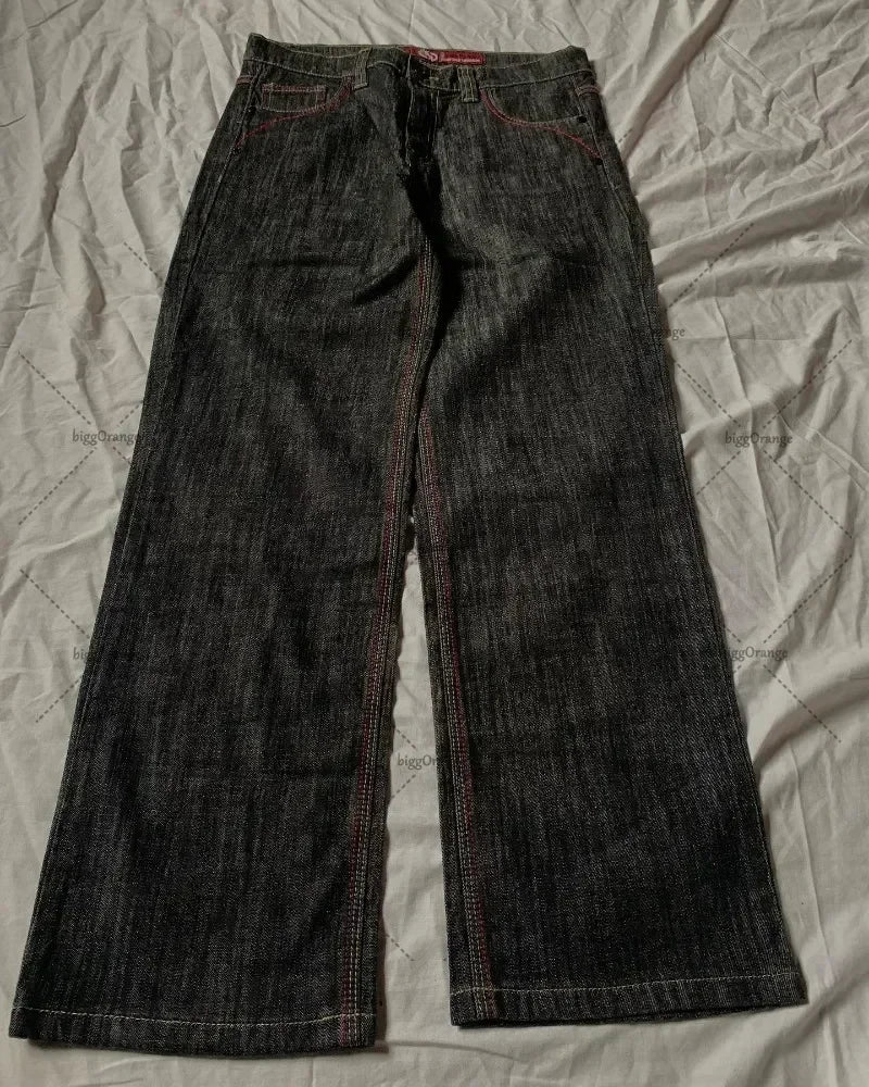 Y2K Patchwork Letter Embroidered Wide-Leg Jeans — Gothic Streetwear