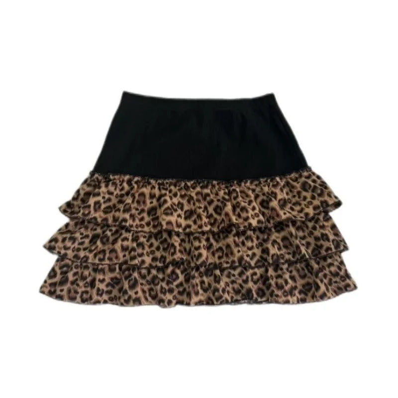 Leopard Print Puffy Mini Skirt — Y2K A-Line
