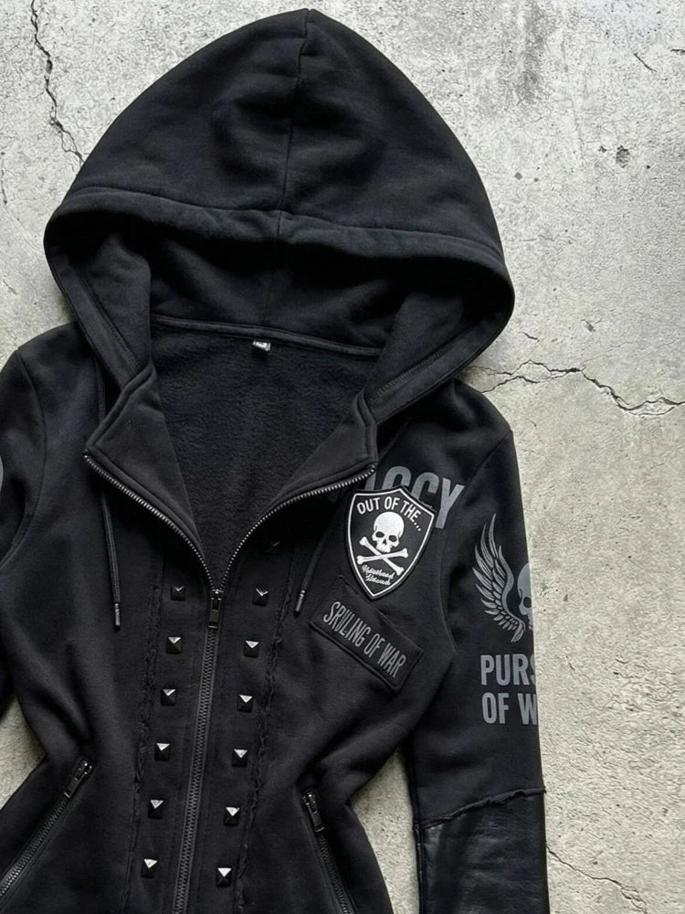 Gothic Skull Print Cropped Jacket — Y2K Streetwear