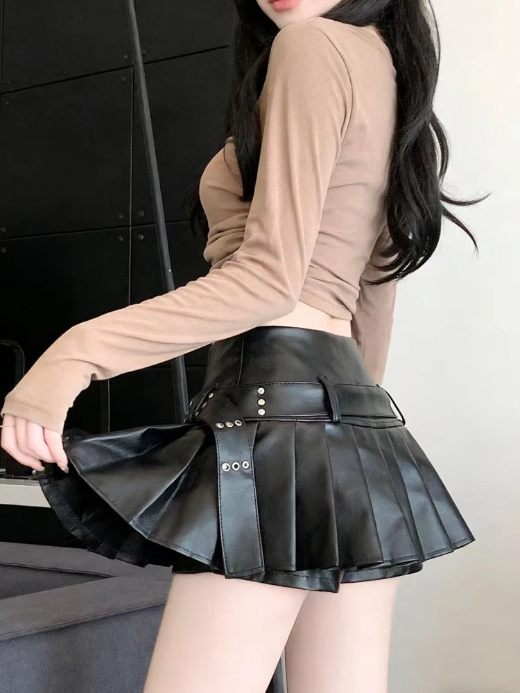 Gothic A-Line Pleated Leather Mini Skirt — Y2K Harajuku