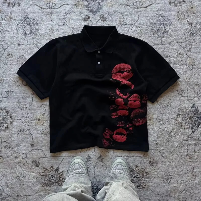 Rock Goth Oversized Polo — Y2K Hip Hop Button-Down