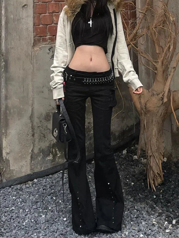 Dark Academia Flare Pants — Goblin Core Goth Low Rise Y2K