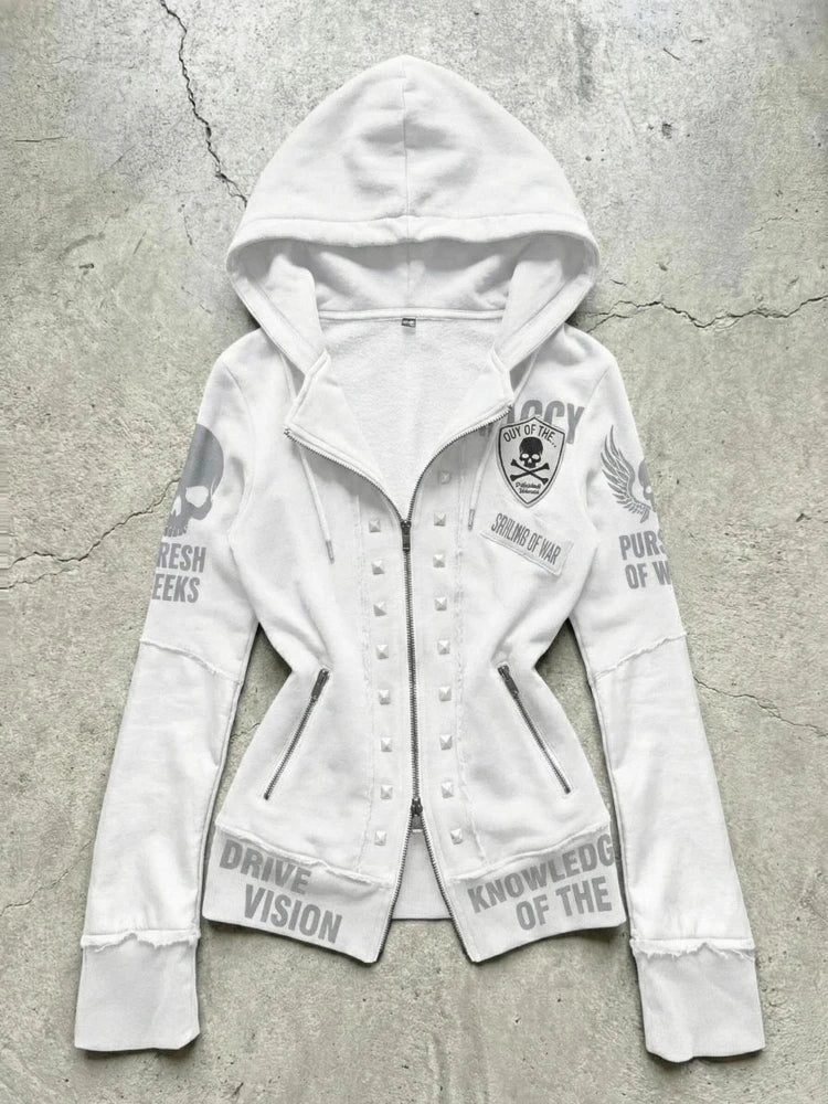 Gothic Skull Print Cropped Jacket — Y2K Streetwear