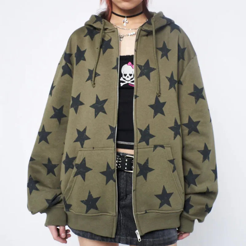 Y2K Vintage Star Zip-Up Oversized Hoodie — Harajuku Goth Sweatshirt
