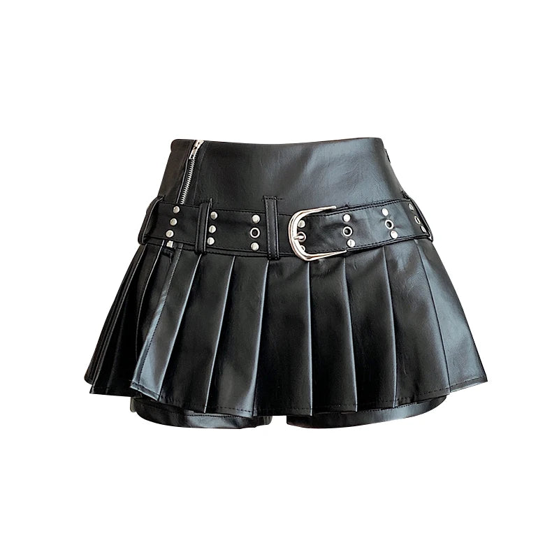 Gothic A-Line Pleated Leather Mini Skirt — Y2K Harajuku