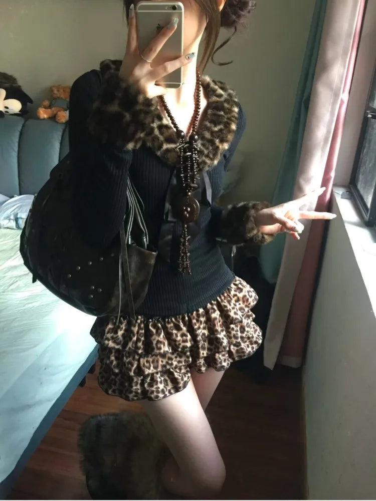 Leopard Print Puffy Mini Skirt — Y2K A-Line