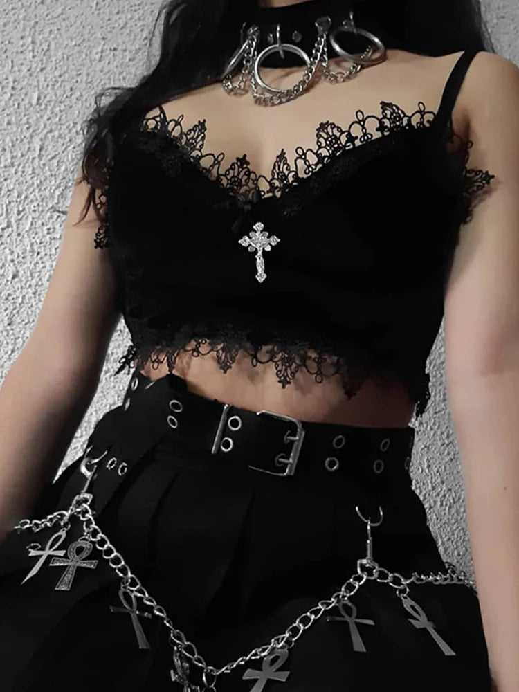 Y2K Velvet Lace Crop Top — Mall Goth Backless Tank