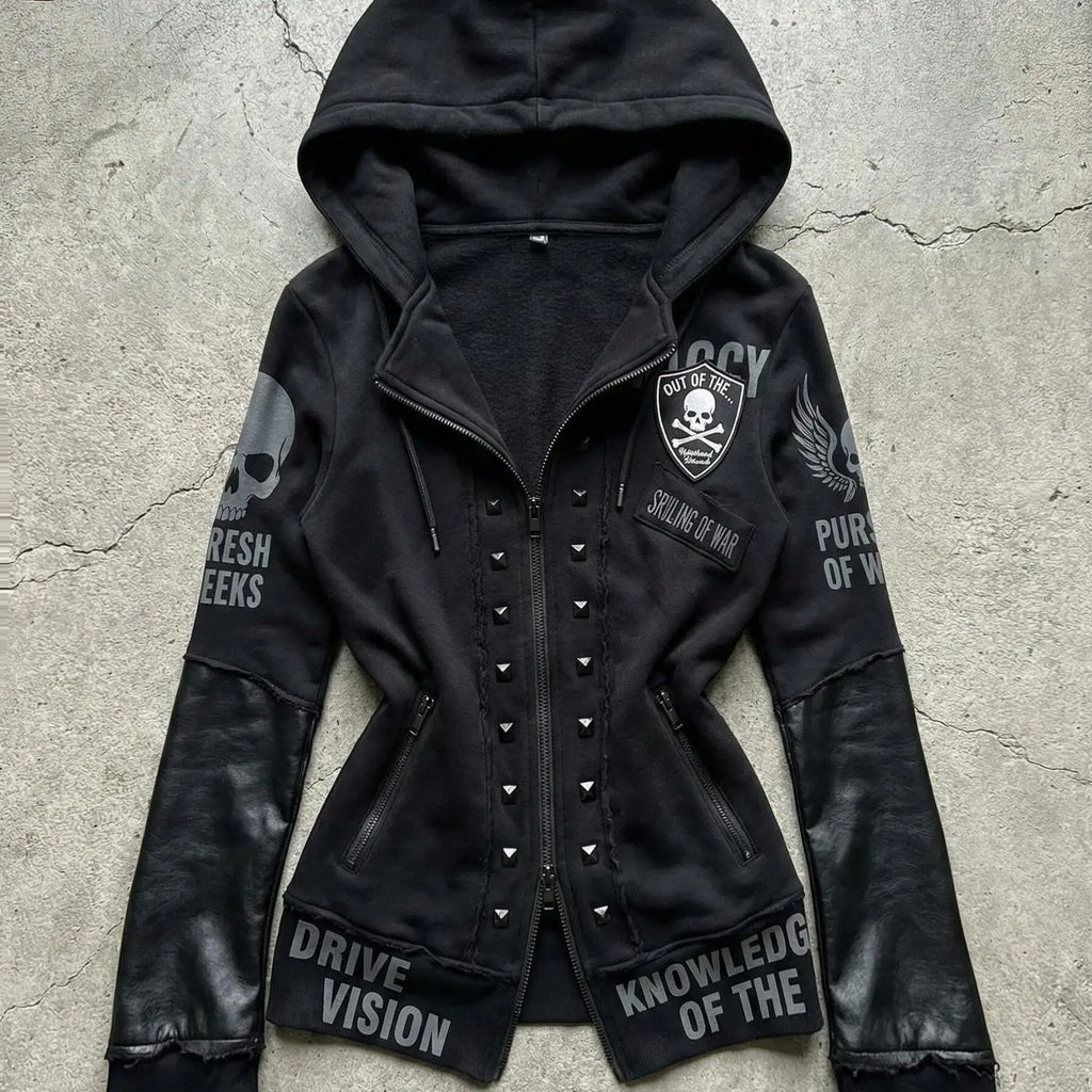 Gothic Skull Print Cropped Jacket — Y2K Streetwear