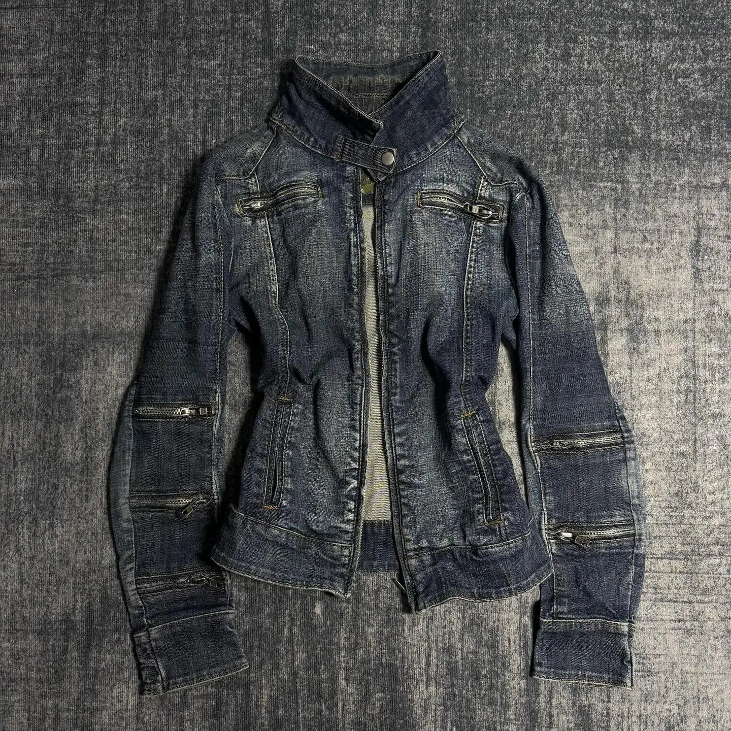 Y2K Retro Slim Denim Jacket — Gothic Punk Multi-Collar Zipper