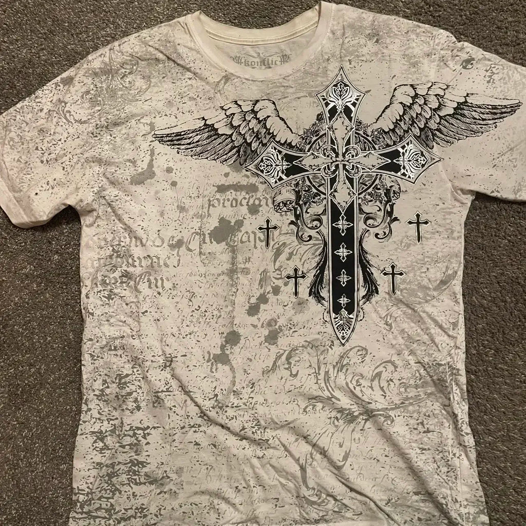 Harvester Skull Wings Cross Tee — Gothic Vintage Streetwear