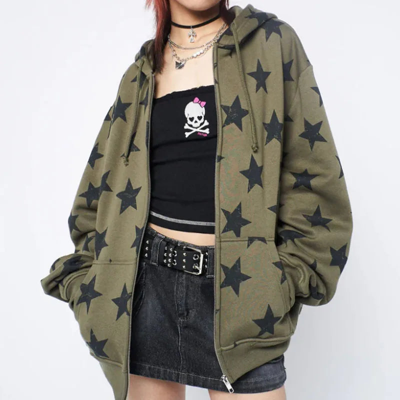 Y2K Vintage Star Zip-Up Oversized Hoodie — Harajuku Goth Sweatshirt