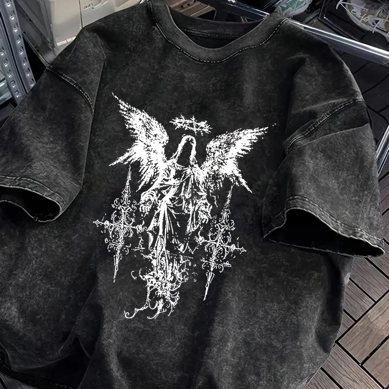 Gothic Dark Washed Oversized Tee — Y2K Unisex Streetwear