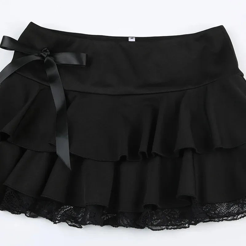 Lace Trim Bow Mini Skirt — Y2K Goth