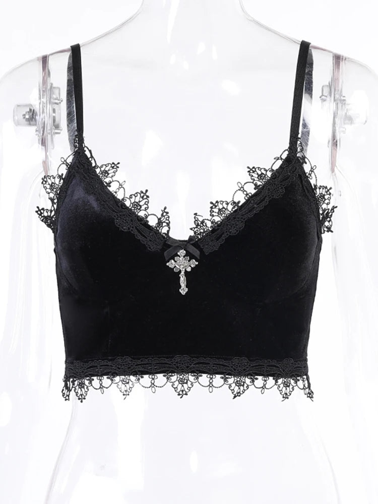 Y2K Velvet Lace Crop Top — Mall Goth Backless Tank