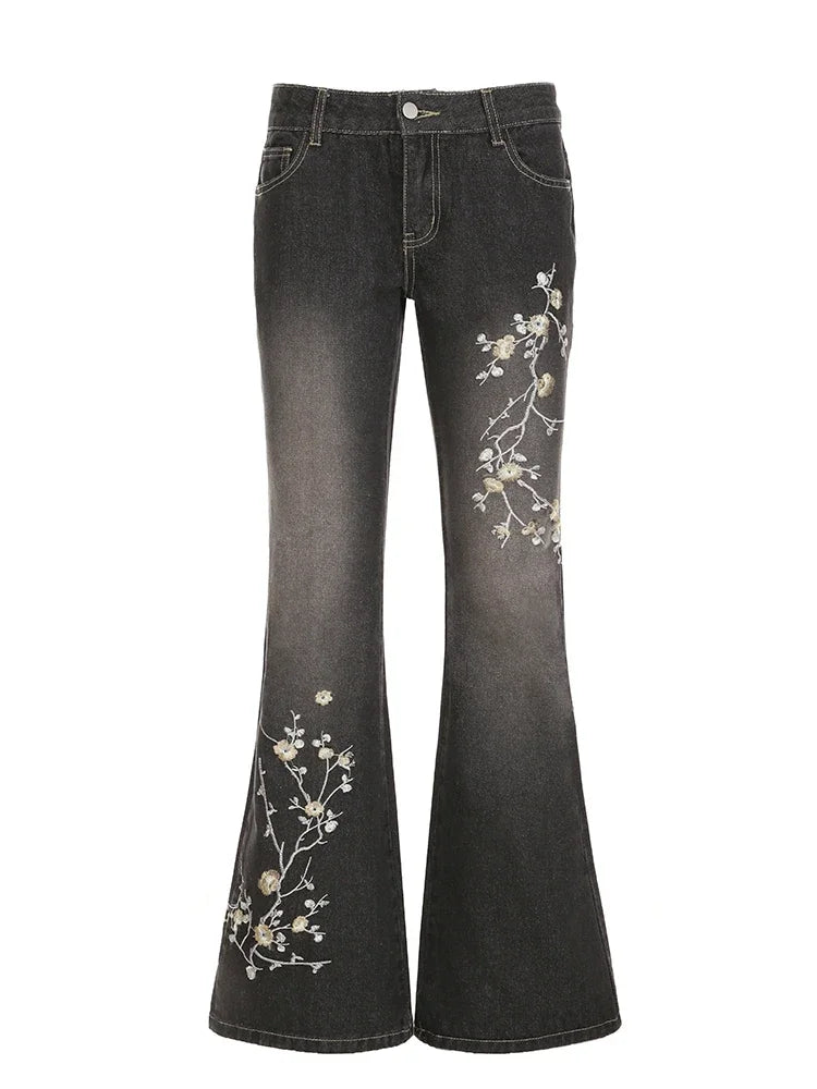 Floral Embroidery Flare Jeans — 2000s Low Rise